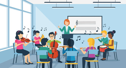 Children's Orchestra Practice Session with Teacher Conducting © Kuri