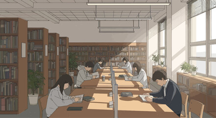 Students studying in a sunlit library, surrounded by bookshelves, peaceful academic atmosphere © Kuri