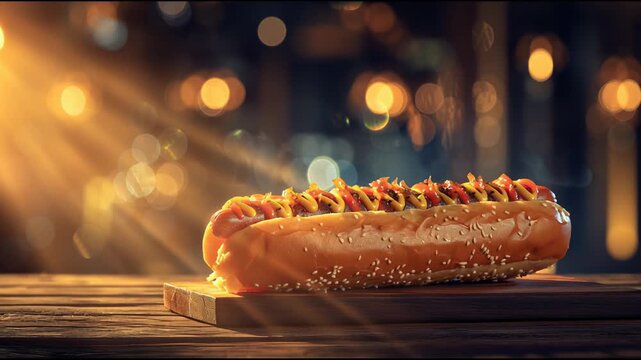 Enjoying a Hot Dog at a Local Event During the Evening With Warm Lights and a Lively Atmosphere