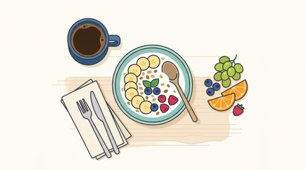 Minimalist flat illustration of healthy breakfast, bowl, fruit, coffee cup arranged in clean layout.