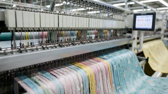 Medium shot of jacquard knitting machines crafting delicate floral motifs for summerthemed pajamas highlighting the detailed weaving process and colorful yarns.