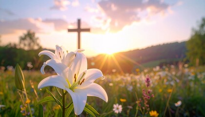 Easter lilies bloom in a field with a cross at sunrise symbolizing hope and faith © DhanaStudio
