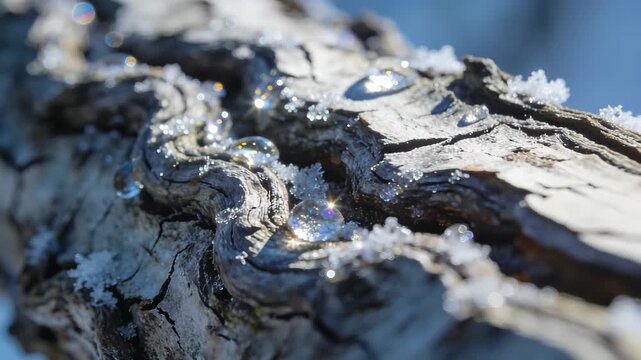 Intricate Close-Up of Twisted Ash Bark with Sparkling Melted Frost Droplet