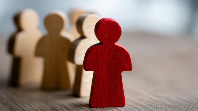 A red figurine standing tall at the forefront of a line of wooden figures, soft focus on background figurines, white background, representing leadership and standing out in a crowd