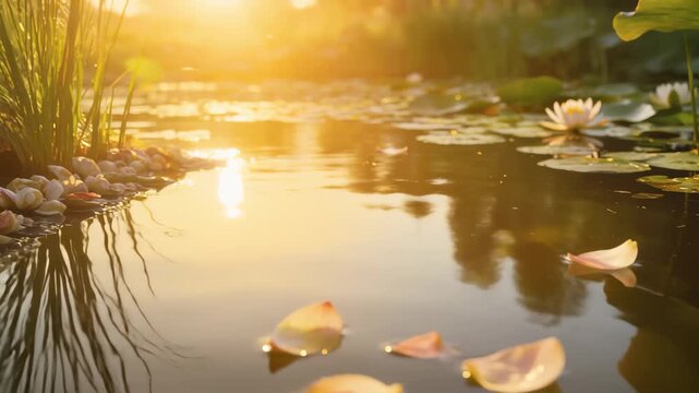 Gentle Glide Over Sun-Kissed Pond with Drifting Lotus Petals