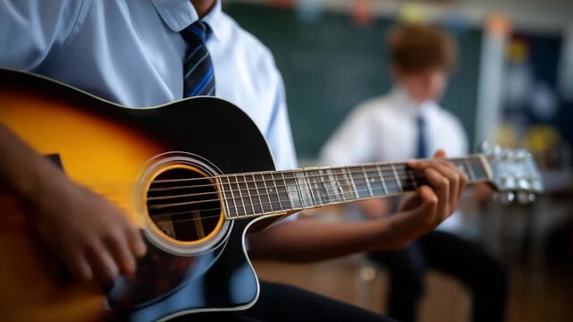 Acoustic guitar instruction concept with a faceless diligent student, teacher demonstrating rhythm patterns, guitar body and strings in sharp focus, chalkboard with music notes in