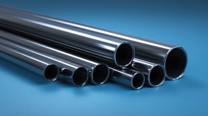 Fototapeta premium Collection of polished metal pipes of various diameters arranged on a blue background