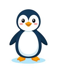 Fototapeta premium Cute penguin with rosy cheeks, white belly, and orange feet standing on a blue patch