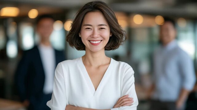 Asian female leader with arms crossed, smiling confidently at the camera, colleagues collaborating behind her, bright modern office, shallow depth of field emphasizing leadership p