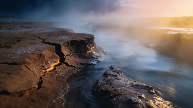 Slow Reveal of Riverbank Clay Reshaping and Splitting in Dawn Fog