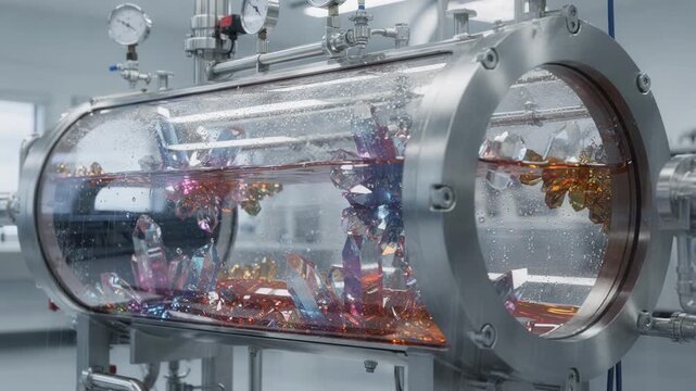 Medium shot capturing a vacuum crystallizer in action showing reduced pressure environment facilitating dye crystallization with clear crystal growth inside the chamber.