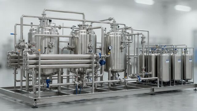 Medium shot of a compact solution polymerization skid featuring interconnected solventbased reactors and heat exchangers with solvent tanks highlighting efficient space