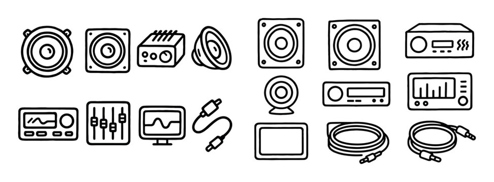 Audio icons with speaker amp and cable lineart
