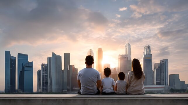 A family sits together gazing at the warm sunset casting golden light over a vast modern city skyline symbolizing hope and future aspi ns