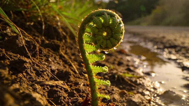Macro Cinematic Reveal of New Fern Spiral Unfurling from a Muddy Roadside Ditch