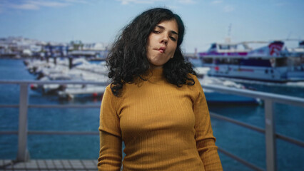 Woman making fish face with tongue out and pierced cheeks on street pier, visible face framed by...