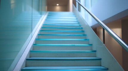 Fototapeta premium Modern Illuminated Staircase with Transparent Aqua Lights in Contemporary Building Architecture for Business and Urban Design Concepts