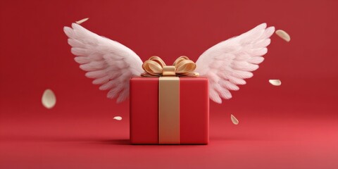 Naklejka premium Elegant red gift box with golden ribbon and white angel wings, festive celebration