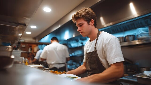 A focused young chef meticulously plates a gourmet dish in a bustling professional kitchen environment