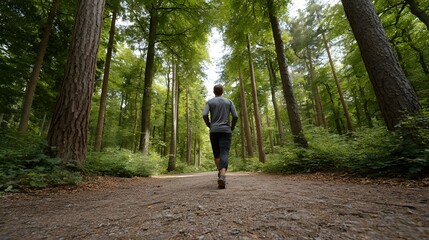 Fototapeta premium A person in athletic wear walks along a well trodden dirt path through a vibrant green forest with tall trees bathed in natural sunlight