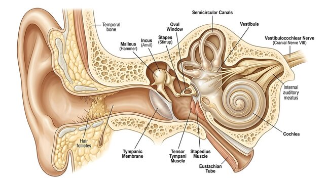 Anatomical illustration of a human ear's internal structure showing details.