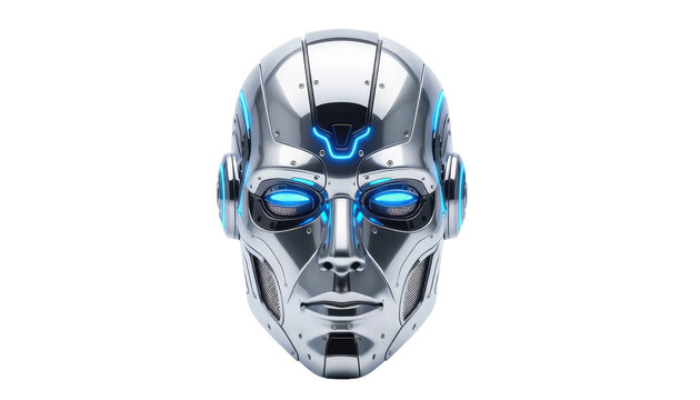Isolated metallic robot head with visible face details and glowing eyes, presented against a plain studio shot on white and transparent