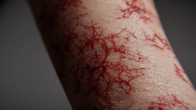 Macro of severe red vascular skin rash or petechiae