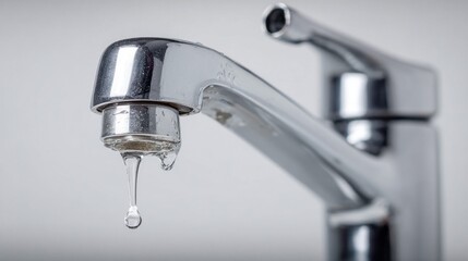 Close-up of a dripping chrome faucet with water droplets forming and falling