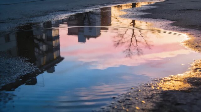 Pristine Dawn Reflections: Urban Nature in a Shallow Puddle