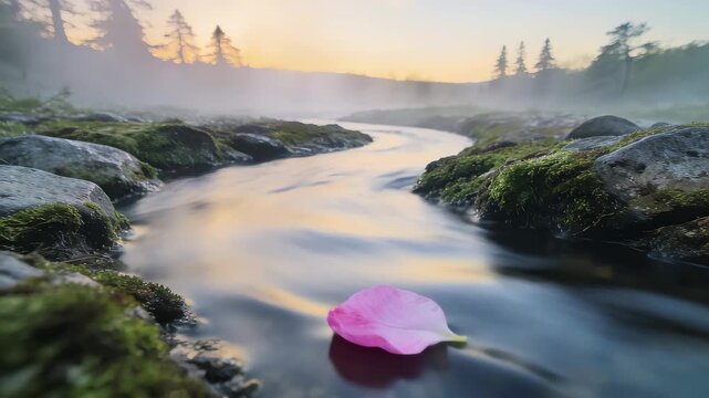 Time-lapse of a Meandering Brook Carrying a Petal Through Shimmering Dawn Ripples