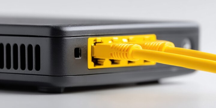 Close-up of yellow ethernet cables plugged into a black network router's ports
