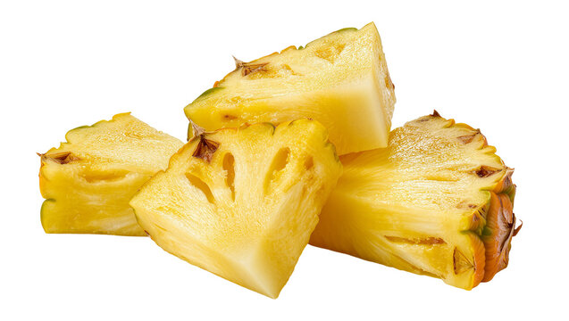 Isolated fresh yellow pineapple wedges, ripe and juicy, piled up as delicious tropical fruit snack.