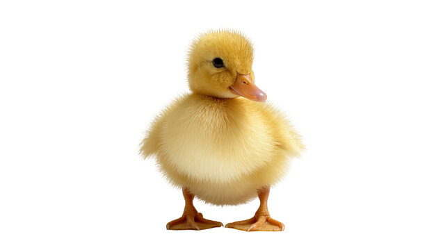 Isolated charming fluffy yellow baby duckling standing alone with delicate down feathers