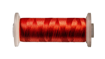 Isolated vibrant red sewing thread spool on a bobbin, perfect for crafts and embroidery projects