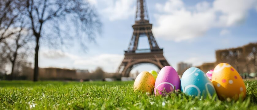 Easter eggs on green grass by Eiffel Tower