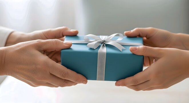 Close-up of hands exchanging a beautifully wrapped gift box with a silver ribbon, symbolizing a thoughtful present