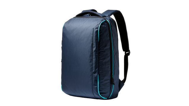 Isolated dark blue modern sleek professional tech laptop backpack with stylish blue accents