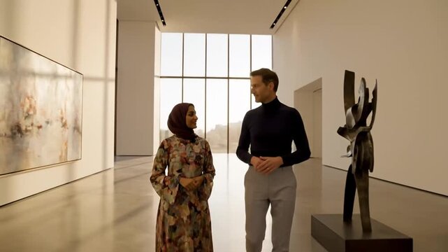 A man and a woman in modest attire walk through a sunlit modern art gallery, admiring artwork.