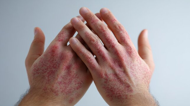 Close up of red allergic rash or hives on human hands