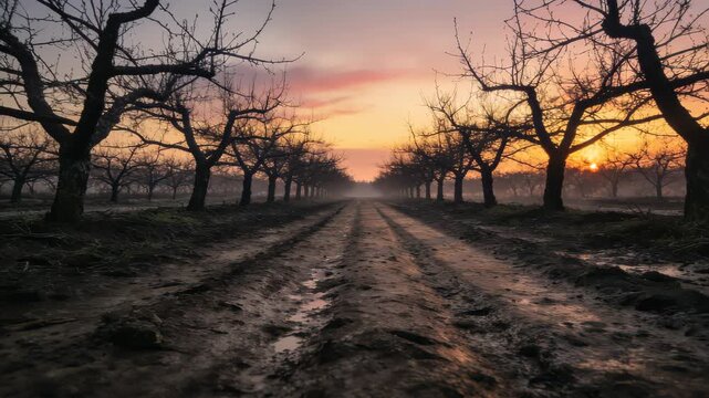 Wide Dusk Panorama of Bare Orchard Rows with Long Shadows on Muddy Ground