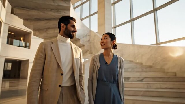 A man and a woman in muted, modest outfits walk through a sunlit, modern architectural interior with large windows and marble stairs.