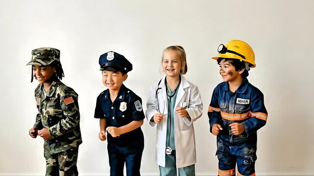 Video: children dressed as doctors, soldiers, police officers, workers, and miners; aspirations; the future; 