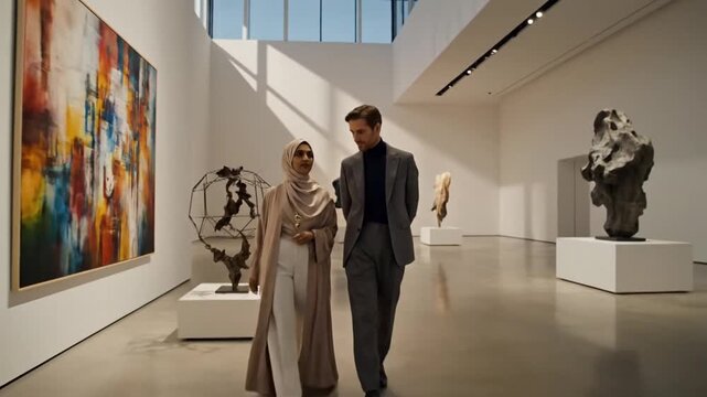 A man and woman dressed in elegant, modest attire walk through a modern art gallery, admiring sculptures and installations.