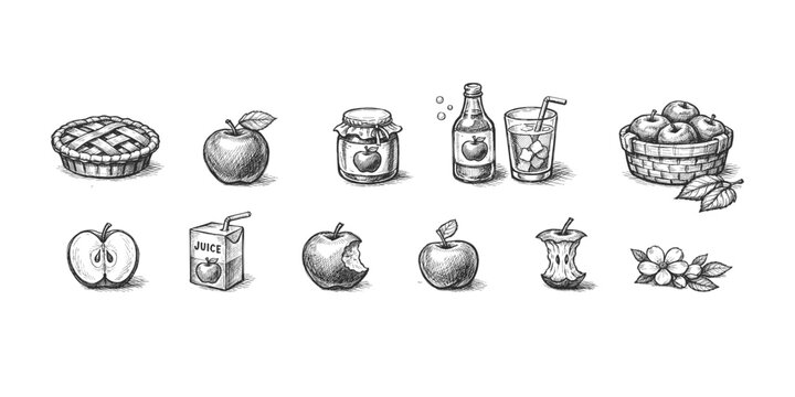 Hand-drawn apple products and elements collection in sketch style