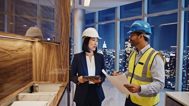 Architects discussing construction plans in modern high-rise building at night
