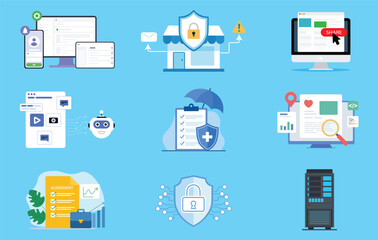 Fototapeta premium Cyber Security, Data Protection and Website Safety – Privacy Protection, Secure Server and Digital Security Flat Vector Illustration Set