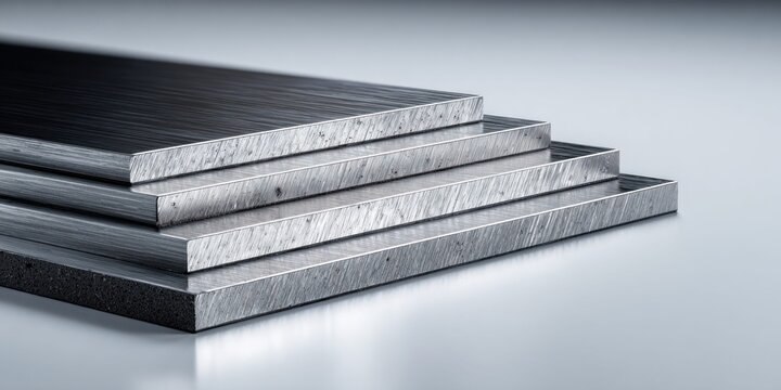 Stack of brushed aluminum sheets with a dark composite material base layer