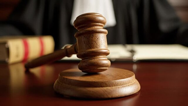 Wooden gavel and sound block on a judge's desk with documents and book in a court room setting