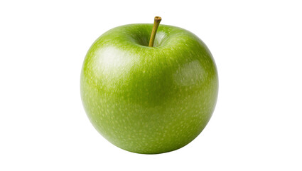 Isolated fresh ripe green apple fruit with a small stem, healthy organic snack, natural food