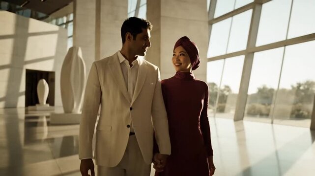 A man and woman in modest attire walk hand-in-hand through a sunlit, modern atrium with large windows and sculptures.